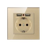 Priza de Perete cu 2 Porturi USB si Rama din Sticla Techstar&reg; TS-GL, 110-250V, 16A, Ignifuga, 86x86mm, Auriu, 1