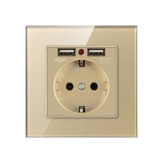 Priza de Perete cu 2 Porturi USB si Rama din Sticla Techstar&reg; TS-GL, 110-250V, 16A, Ignifuga, 86x86mm, Auriu
