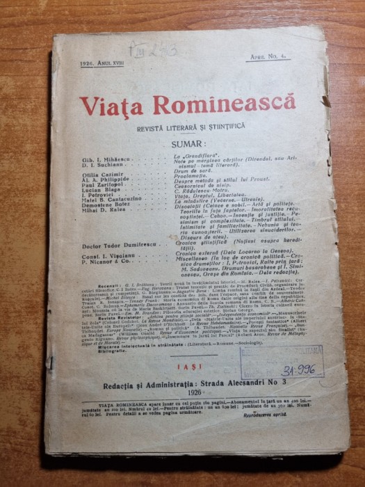 viata romaneasca aprilie 1926-otilia cazimir,lucian blaga,radulescu motru