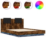 Cumpara ieftin Cadru de pat cu tablie si lumini LED, stejar fumuriu, 120x200cm