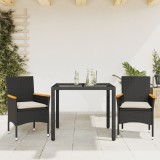 VidaXL Set mobilier de grădină cu perne 3 piese negru poliratan&amp;sticlă