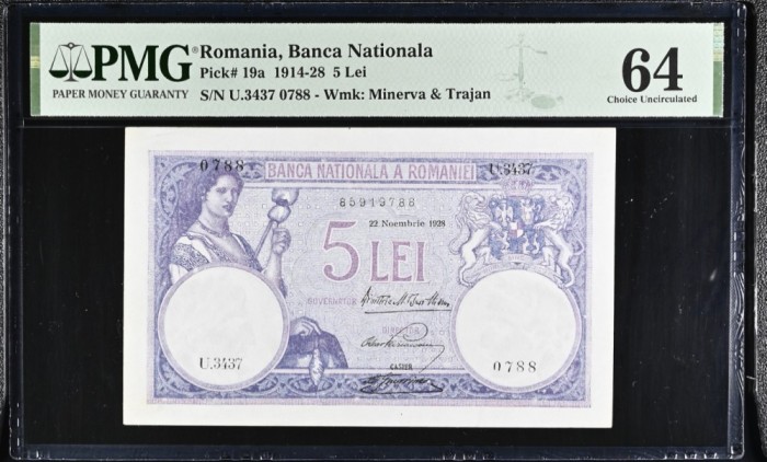 5 lei 1928 PMG64 UNC bancnota gradata
