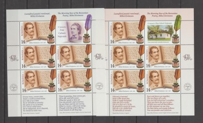 ROMANIA 2025 MIHAI EMINESCU Set 2 minicoli cu cate 5 timbre si o vinieta( vunuete diferite) LP.2499mc1+mc2 MNH** foto