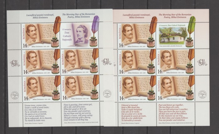 ROMANIA 2025 MIHAI EMINESCU Set 2 minicoli cu cate 5 timbre si o vinieta( vunuete diferite) LP.2499mc1+mc2 MNH**