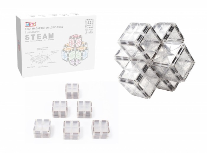 Set de constructie magnetic, 42 piese patrate transparente, Magnetic Tiles, 2D, 3D
