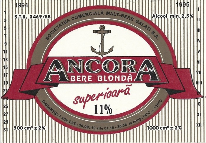 NI513 Etichetă bere blondă superioară Ancora, 1994-1995, Societatea comercială Malț Bere Galați SA