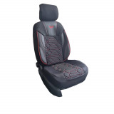 Set Huse Scaune Auto pentru Alfa Romeo 147 - Panda Monaco, cu fermoare pentru bancheta rabatabila, negru cu cusatura rosie, 11 piese