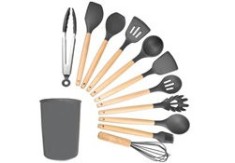 Set 12 ustensile de bucătărie, lemn/silicon, gri &icirc;nchis