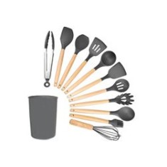 Set 12 ustensile de bucătărie, lemn/silicon, gri &icirc;nchis
