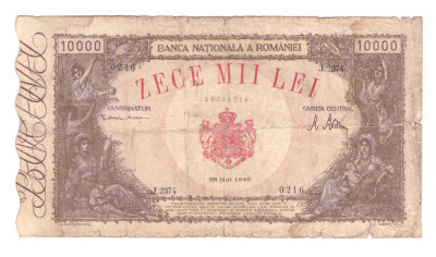 Bancnota 10000 lei 28 mai 1946, circulata, uzata, patata foto