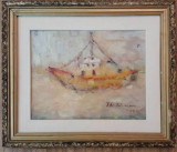 Cumpara ieftin Marina cu vas portocaliu, tablou semnat Th. Florian (?), 39x46 cm, Marine, Ulei, Impresionism