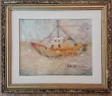 Marina cu vas portocaliu, tablou semnat Th. Florian (?), 39x46 cm, Marine, Ulei, Impresionism