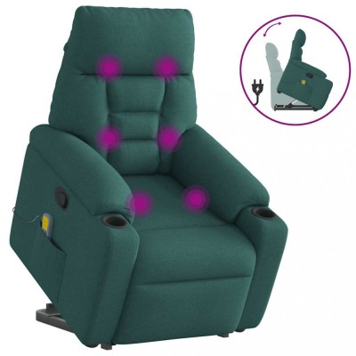 vidaXL Fotoliu rabatabil de masaj, cu ridicare, verde &amp;icirc;nchis, textil foto