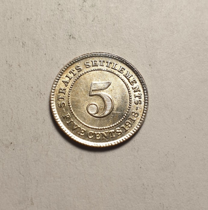 Straits Settlements 5 Centi Cents 1918 UNC