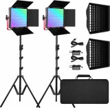 Cumpara ieftin Kit profesional iluminare video GVM 1200D RGB, 2 panouri LED 50W, Softbox, 22000 Lux 0.5 m, CRI97+, Control prin aplicatie, 2 stative si geanta transp