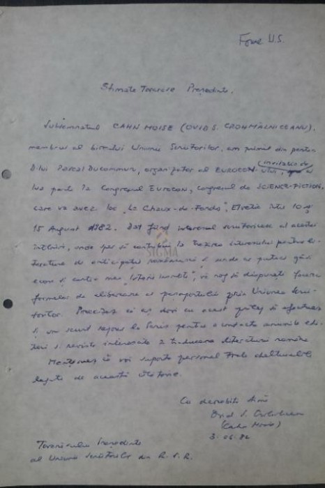 OVIDIU S. CROHMALNICANU document olograf 1982