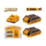 Baterie (Acumulator) 20V 2Ah Set 2 buc cu Incarcator P20S Ingco FBCPK1222E