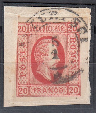 ROMANIA 1865 LP 17 CUZA EFIGIA DOMNITORULUI IN OVAL 20 PARALE/FRAGMENT STAMPILAT