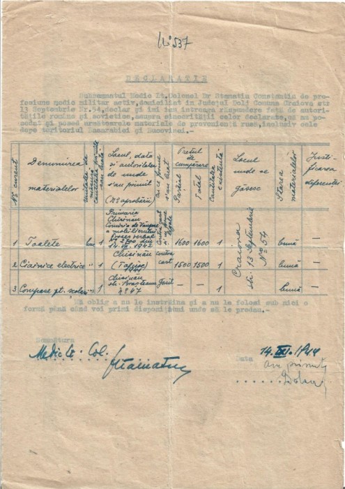 A3636N Declarație privind deținerea de bunuri de proveniență rusă, inclusiv de pe teritoriul Basarabiei și Bucovinei de Nord, 1944, Craiova