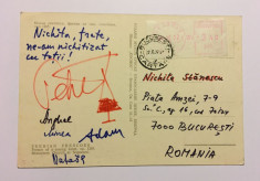 Carte po?tala (circulata) pentru NICHITA STANESCU, semnata de 5 scriitori (1977) foto