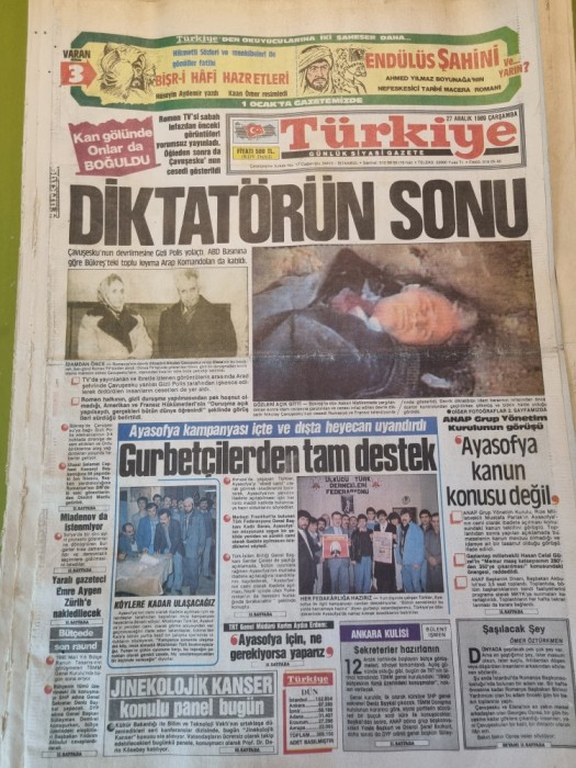 ziarul turcia - 27 decembrie 1989 - moartea sotilor ceausescu - in limba turca