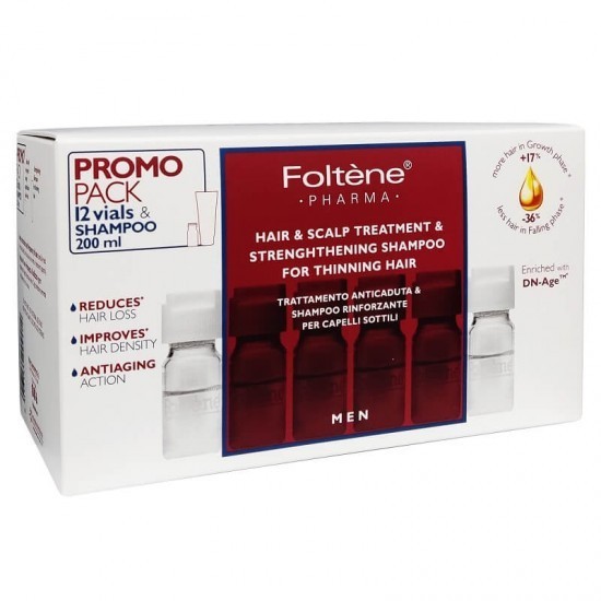 FOLTENE PHARMA Tratament pentru păr și scalp pentru bărbați 12 flacoane x 6 ml și șampon &icirc;ntăritor pentru păr 200 ml