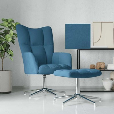 Scaun de relaxare cu taburet, albastru, catifea foto