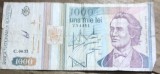 BNKRO05 Bancnota veche 1000 lei 1991 Mihai Eminescu cu stema hirtie Romania una mie lei circulata bani colectie numismatica