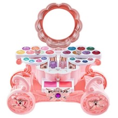 Trusa de machiaj pentru copii cu masuta muzicala si lumini, Set Make-Up, solubile in apa, oglinda si accesorii, Non-Toxic, Roz