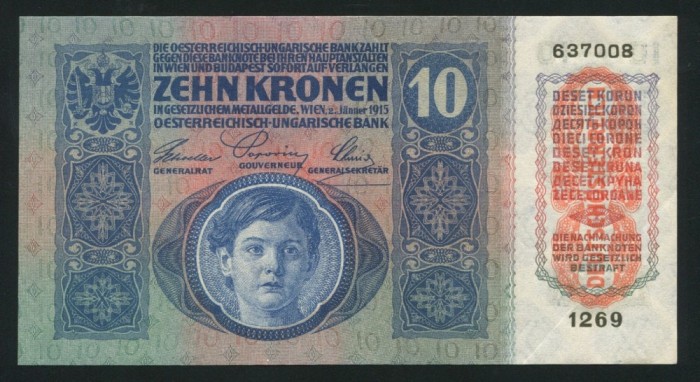 t832 AUSTRIA UNGARIA 10 KORONA COROANE 1915 stampilata D&Ouml; aUNC text in romana NECIRCULATA UNC