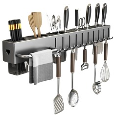 Organizator de perete, pentru bucatarie, 60 cm, 10 carlige si suporturi pentru cutite si accesorii foto