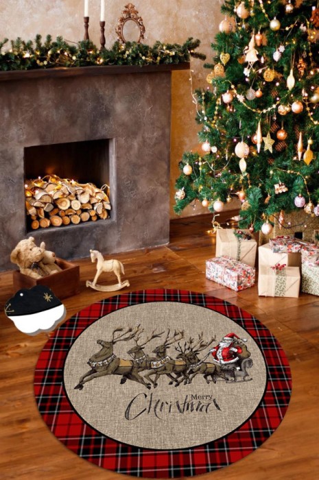 Covor pentru interior, cu mesaj si Mos Craciun cu reni, decor Craciun