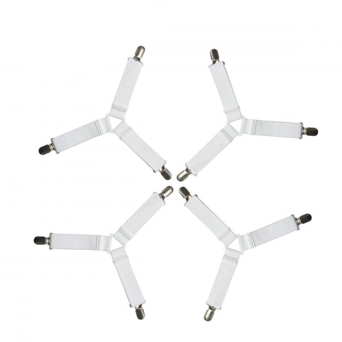 Set 4 Bretele Elastice cu Clesti Metalici pentru Prinderea Cearseafurilor si Lenjeriei de Pat, Alb CBD CORAL BEST DEALS Alb Alb Cromat