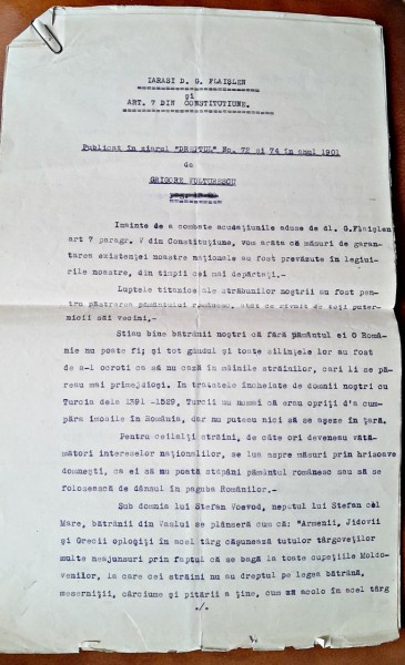 Articol dactilografiat publicat in ziarul Dreptul nr.72 si &amp;4 din 1901 de Grigore Vulturescu