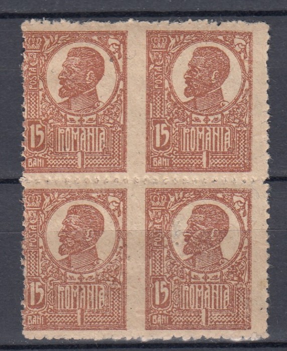 ROMANIA 1919/1922 LP 72 REGELE FERDINAND EROARE NEDANTELAT VERTICAL BLOC DE 4 TIMBRE MNH