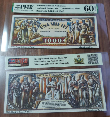 REPRODUCERE pe hartie cu filigran si fire UV proiect bancnota 1.000 Lei 1942 foto