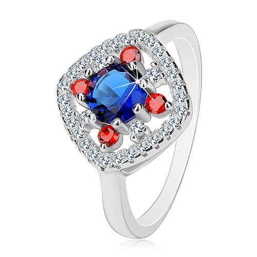 Inel din argint 925, mijloc albastru-&icirc;nchis, zirconii transparente și roșii - Marime inel: 64