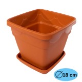 Ghiveci patrat cu tava, maro teracota, plastic, Dimensiuni: &Phi;= 18 cm, h= 15 cm