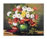 Tablou cu flori pictat manual, Vaza cu flori si carte, 50x40cm ulei pe panza, gata de agatat pe perete