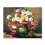Tablou cu flori pictat manual, Vaza cu flori si carte, 50x40cm ulei pe panza, gata de agatat pe perete