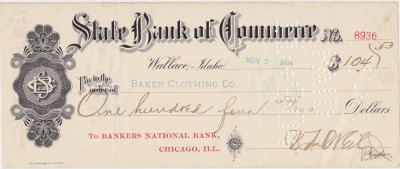 CHECK Wallace Idaho State Bank of Commerce 1904 XF WTMK foto