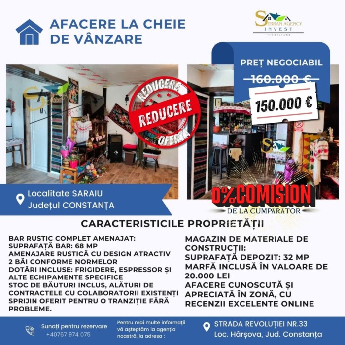 Oportunitate unică: Afacere la cheie de v&acirc;nzare &icirc;n Saraiu