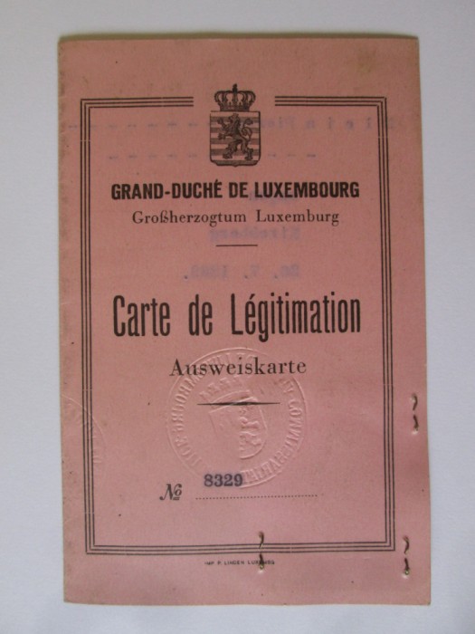 Rara! Carte de identitate/legitimatie zidar cu foto 125 x 80 mm Luxemburg 1954