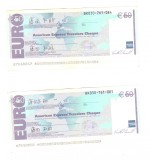 2 x Cec de calatorie 50 euro American Express Travelers Cheque, serie consecutiva, stare buna
