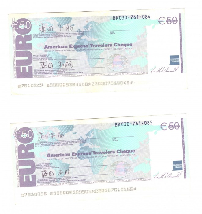 2 x Cec de calatorie 50 euro American Express Travelers Cheque, serie consecutiva, stare buna