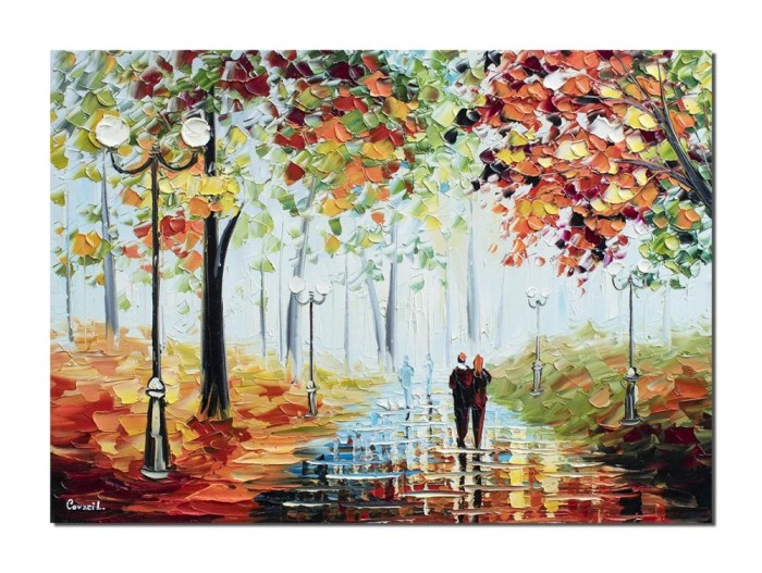 Tablou peisaj alee in parc pictat manual, Impreuna pentru totdeauna, 70x50cm ulei pe panza in cutit efect 3D, Leonard Covaci