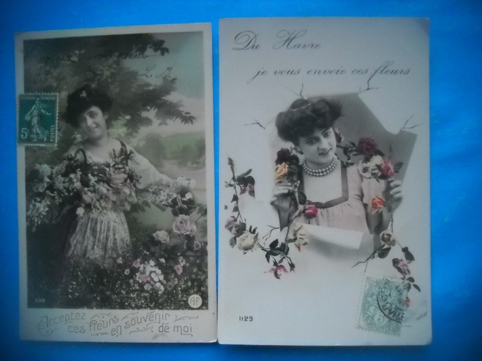 HOPCT 1717 FEMEI..FEMEI-TCV-ROMANTICA-FRANTA-LOT 2 CARTI POSTALE VECHI-CIRCULATE