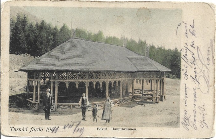 CP770N Tusn&aacute;df&uuml;rdő, Fők&uacute;t, Hauptbrunnen, carte poștală circulată Tușnad &ndash; Făgăraș, 1911, Adler Alfr&eacute;d f&eacute;nyk&eacute;p&eacute;sz, Băile Tușnad, Izvorul principal