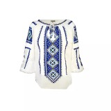 Cumpara ieftin Bluza Tip Ie Traditionala Alba cu Motiv Geometric Albastru de Dama - IMS114