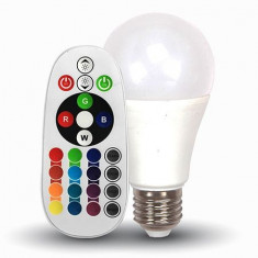 Bec LED E27 6W RGB + alb rece V-TAC, A60 6400K cu telecomanda foto